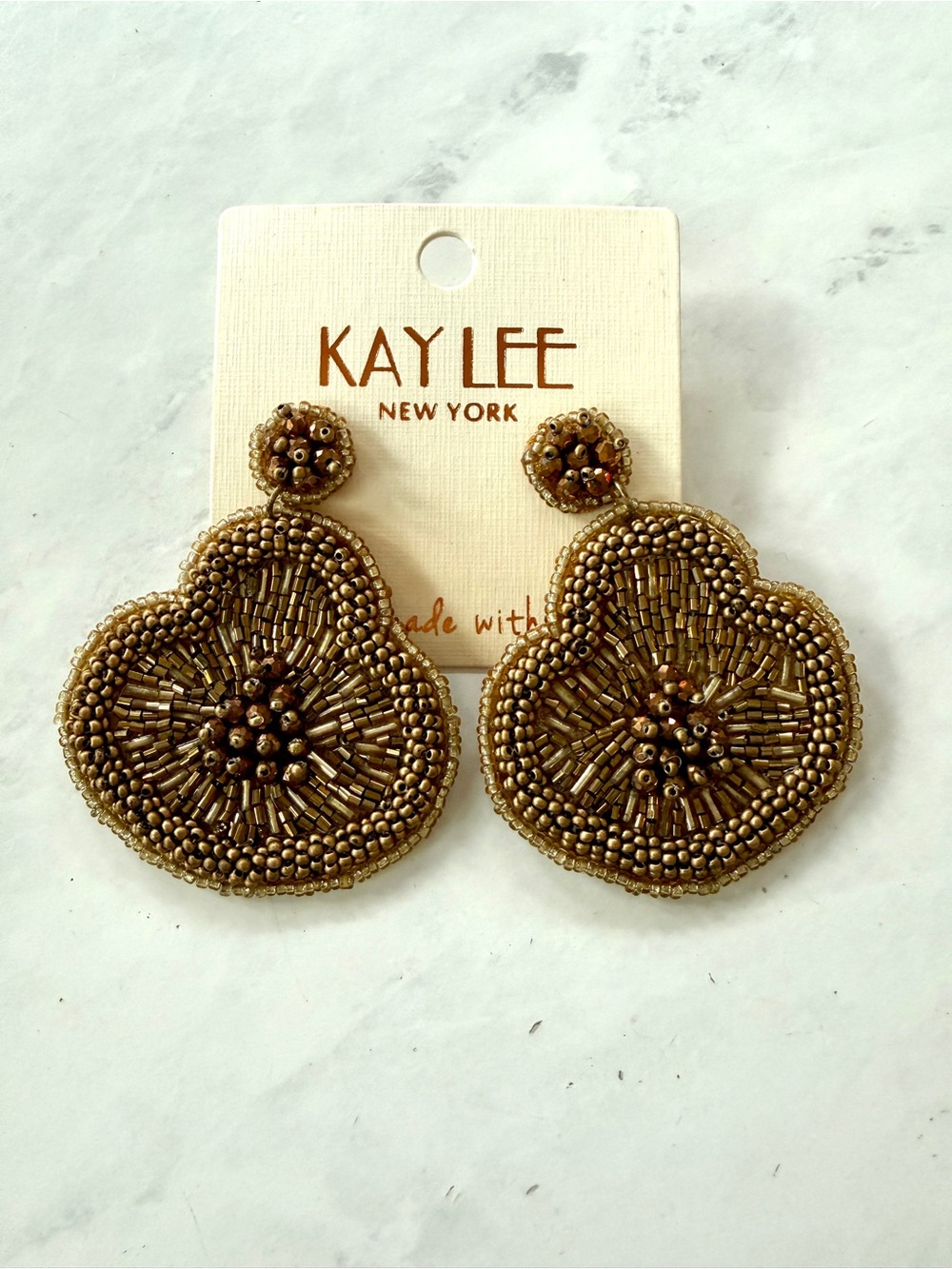 NWT Kay Lee New York Metallic Gold/Bronze Beaded Statement Earrings